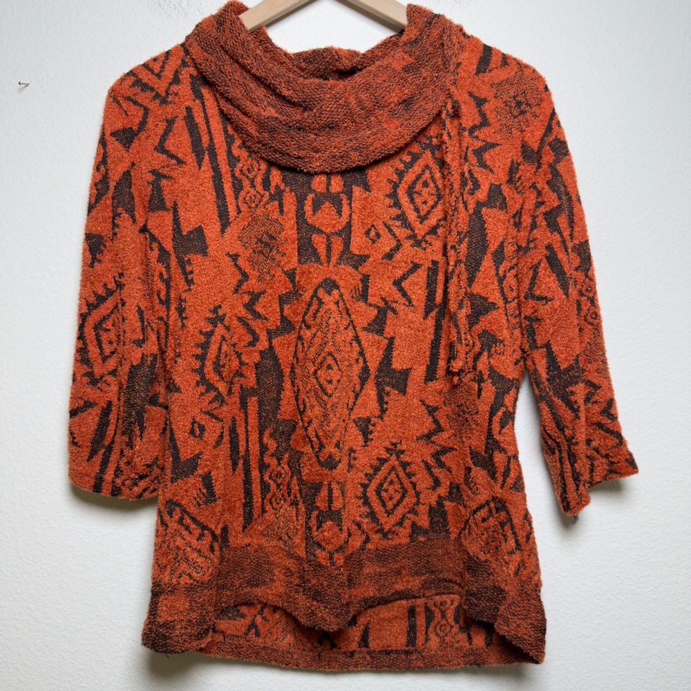 Ali Miles Women Textured Knit Sweater Small P Orange Black‎ Southwestern Cowl